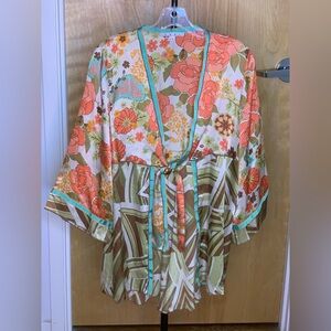 CAbi Floral Wrap Blouse in Orange and Green
